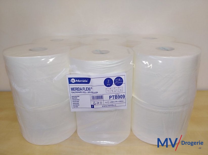Toaletní papír dvouvrstvý, MERIDA FLEXI, 100% celulóza, výška 13,5 cm, průměr 18cm, 180 m, 12 rolí/balení