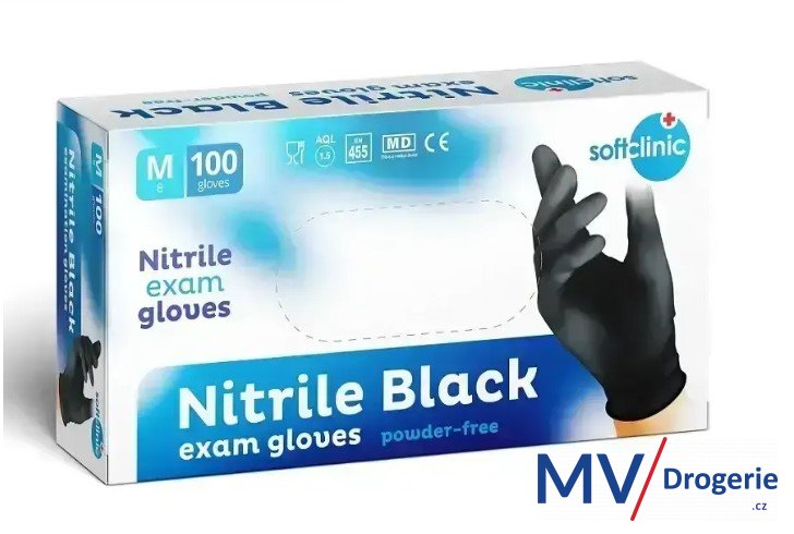 Rukavice nitrilové SOFTCLINIC, velikost M, černé, nepudrované, balení 100 ks