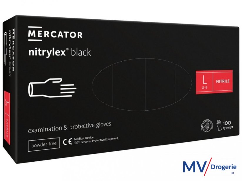 Rukavice nitrilové Mercator Medical Nitrylex Black, velikost L, černé, nepudrované, balení 100 ks